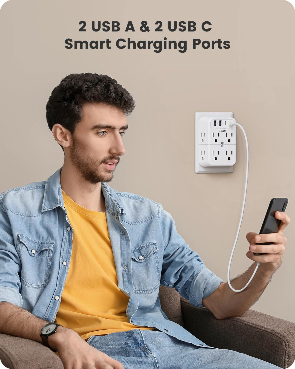 2 Prong Power Strip, 3 to 2 Prong Outlet Adapter, 2 Type C&2 USB, Polarized Plug, 3-Sided 12 Outlets Wide Spaced Extender, Wall Tap Splitter for Non-Grounded Outlets in Old House Hotel Dorm
