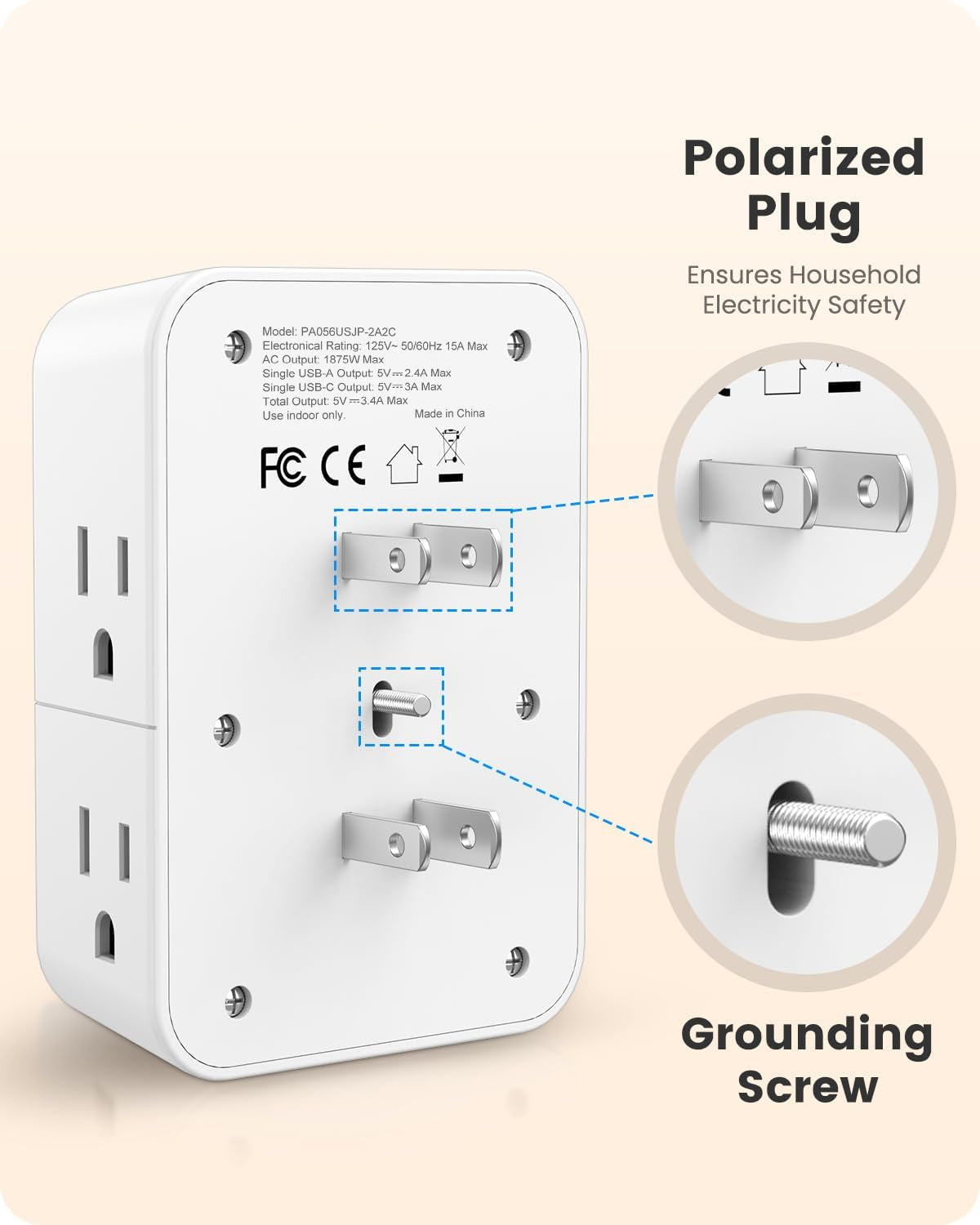 2 Prong Power Strip, 3 to 2 Prong Outlet Adapter, 2 Type C&2 USB, Polarized Plug, 3-Sided 12 Outlets Wide Spaced Extender, Wall Tap Splitter for Non-Grounded Outlets in Old House Hotel Dorm