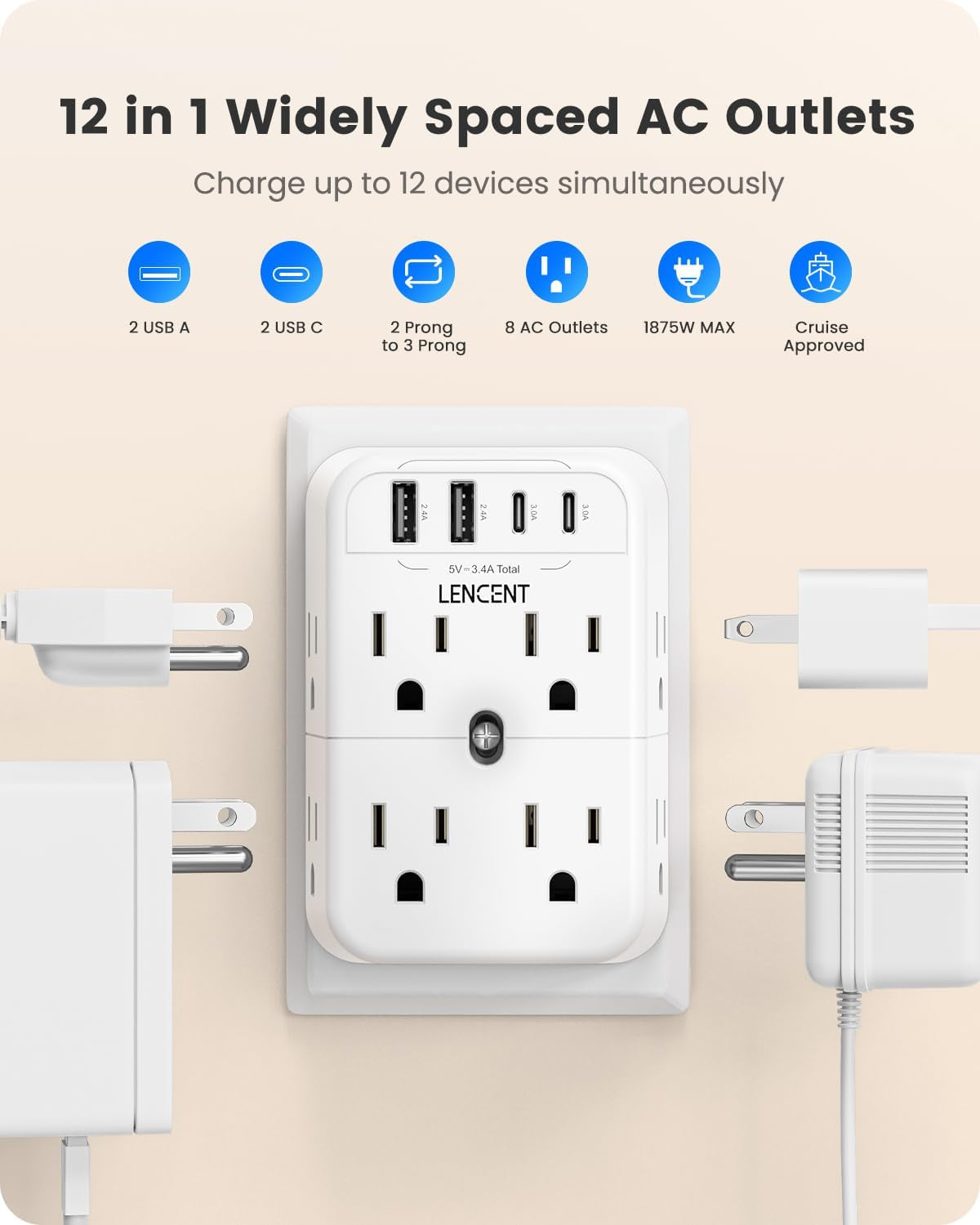2 Prong Power Strip, 3 to 2 Prong Outlet Adapter, 2 Type C&2 USB, Polarized Plug, 3-Sided 12 Outlets Wide Spaced Extender, Wall Tap Splitter for Non-Grounded Outlets in Old House Hotel Dorm